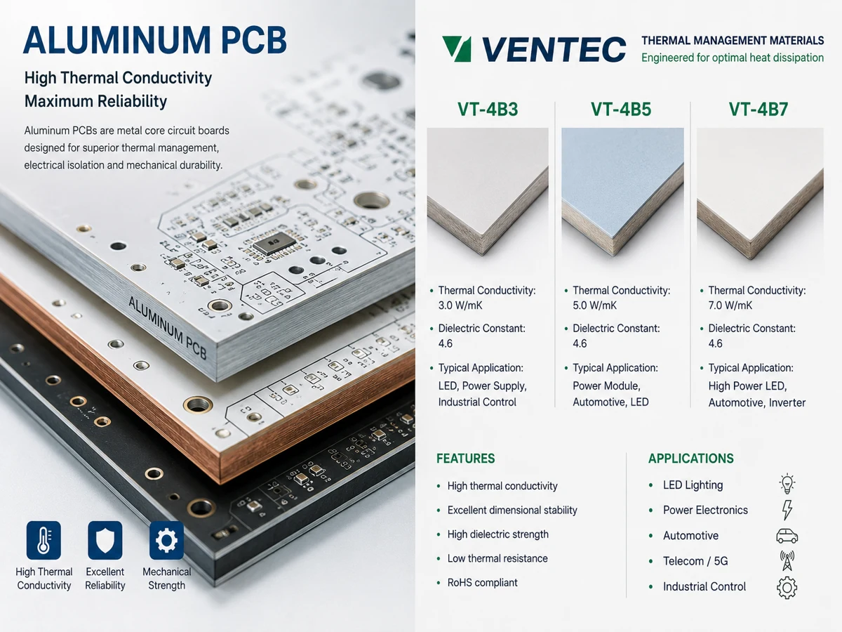 PCB in alluminio Ventec VT-4B3, VT-4B5 e VT-4B7 per applicazioni LED, power electronics e dissipazione termica avanzata.