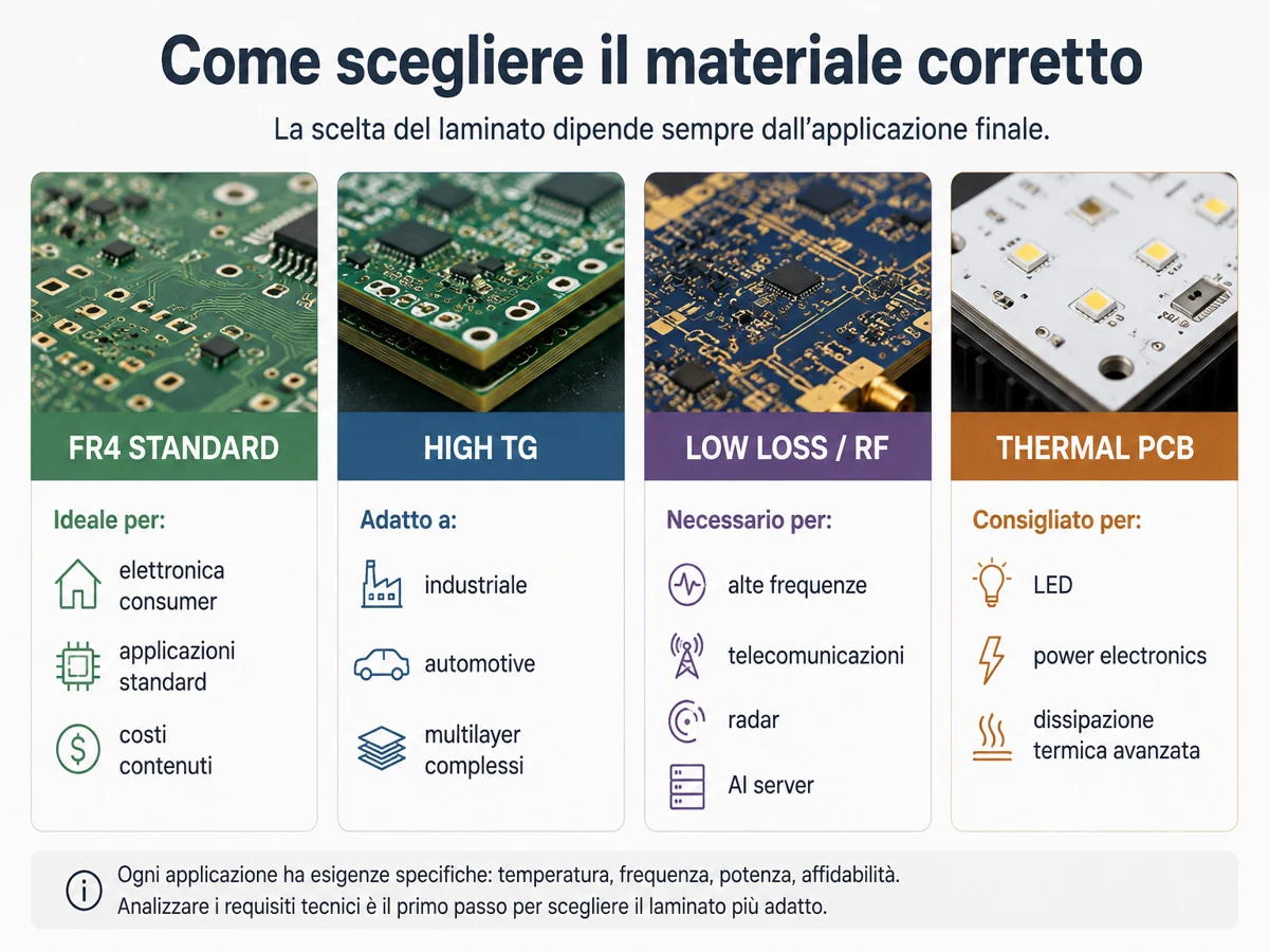 Guida alla scelta del materiale PCB corretto tra FR4 standard, High Tg, Low Loss RF e Thermal PCB per diverse applicazioni elettroniche.