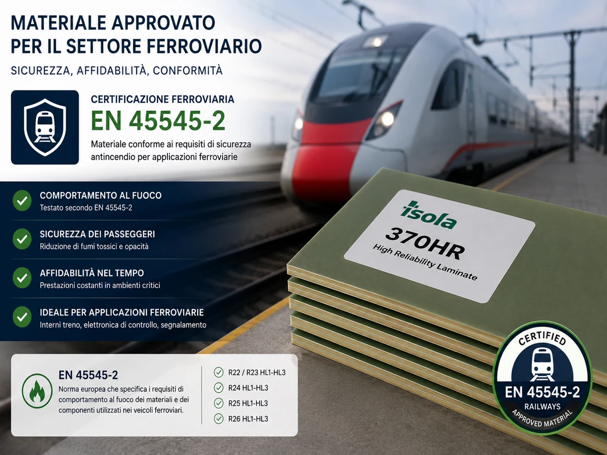 Materiale PCB certificato EN 45545-2 per applicazioni ferroviarie e sistemi elettronici rail ad alta affidabilità.