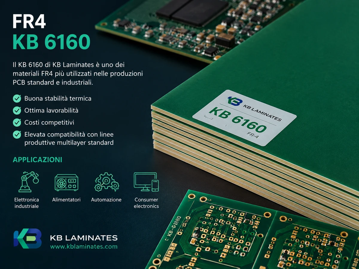 Laminato FR4 KB 6160 utilizzato nella produzione di PCB industriali e multilayer per elettronica, alimentatori e automazione.
