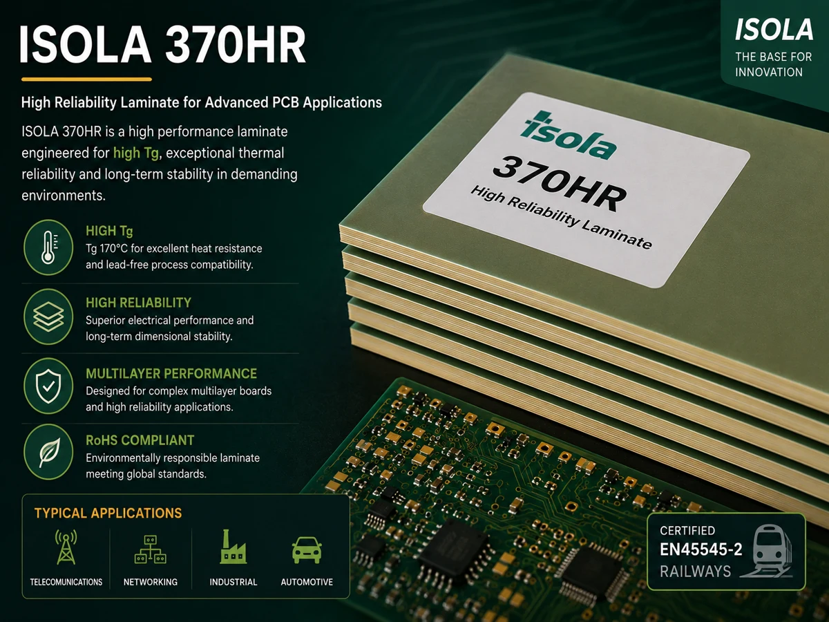 Materiale PCB Isola 370HR High Tg con certificazione EN45545-2 per applicazioni ferroviarie, multilayer e industriali avanzate.