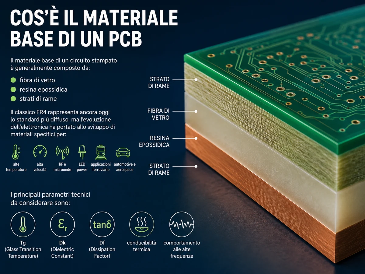 Struttura del materiale base di un PCB con fibra di vetro, resina epossidica e strati di rame utilizzati nella produzione di circuiti stampati professionali.