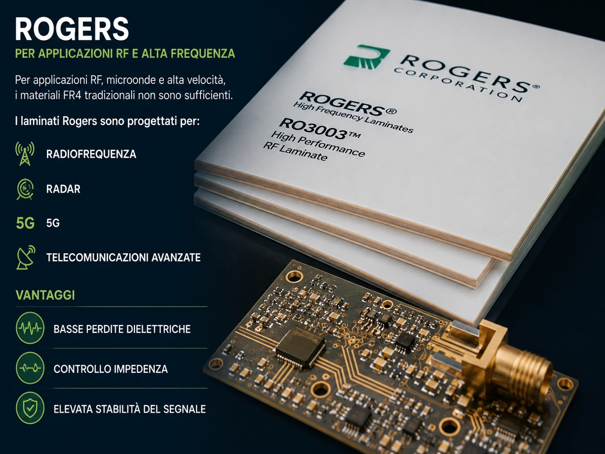 Materiale Rogers per PCB RF e alta frequenza utilizzato in applicazioni 5G, radar e telecomunicazioni avanzate.