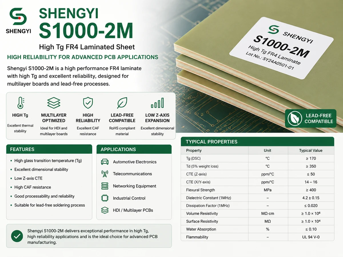Materiale PCB Shengyi S1000-2M High Tg utilizzato per multilayer avanzati, automotive, telecomunicazioni e applicazioni elettroniche industriali.